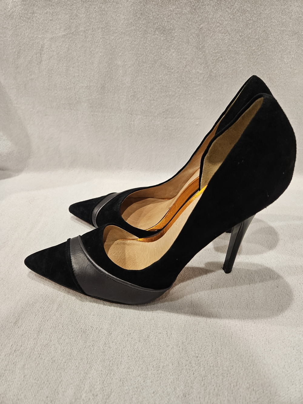 L.A.M.B. Black Calf Leather Suede Pointed Toe Stiletto Heels Pumps Gwen Stafani - Picture 4 of 7